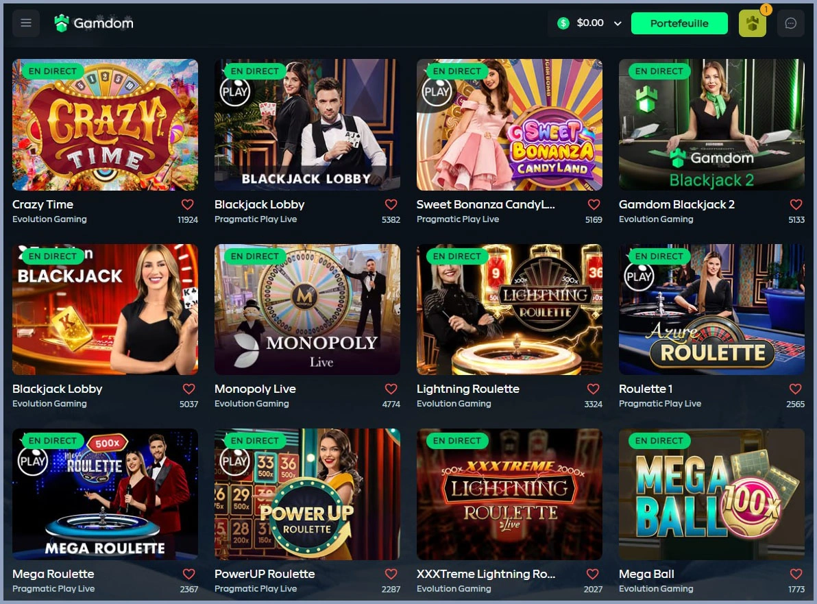 Guide des jeux de casino en direct chez Gamdom