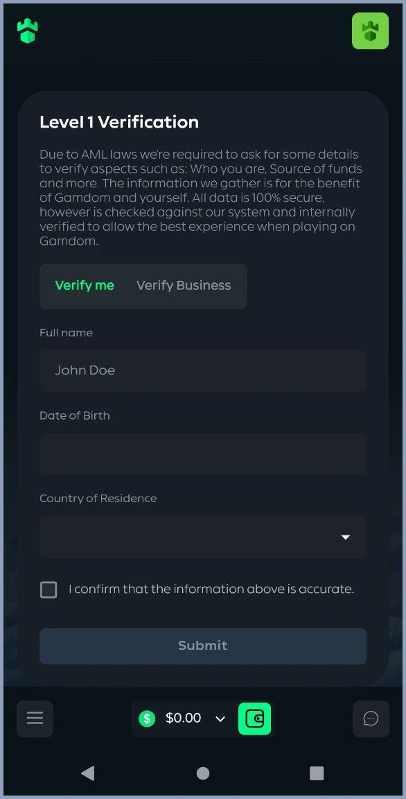 Vérification d’identité chez Gamdom– téléchargement facile des documents
